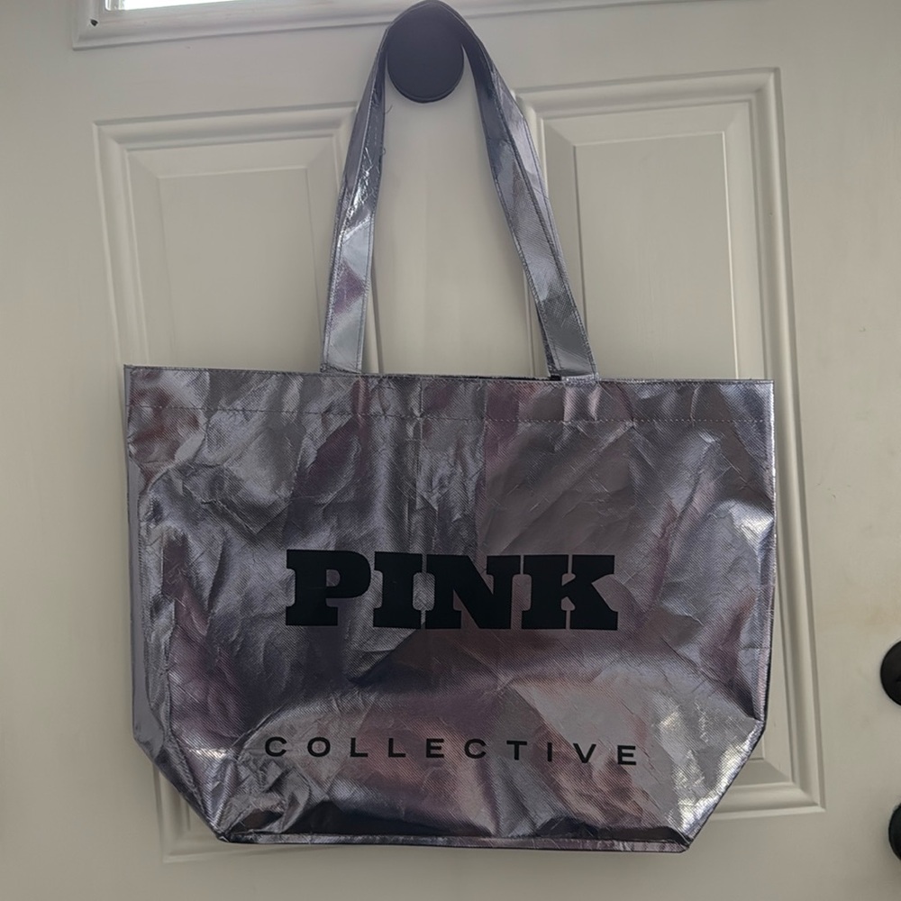 NWOT Victorias Secret PINK Collective Iridescent Silver Reusable Tote Bag Large